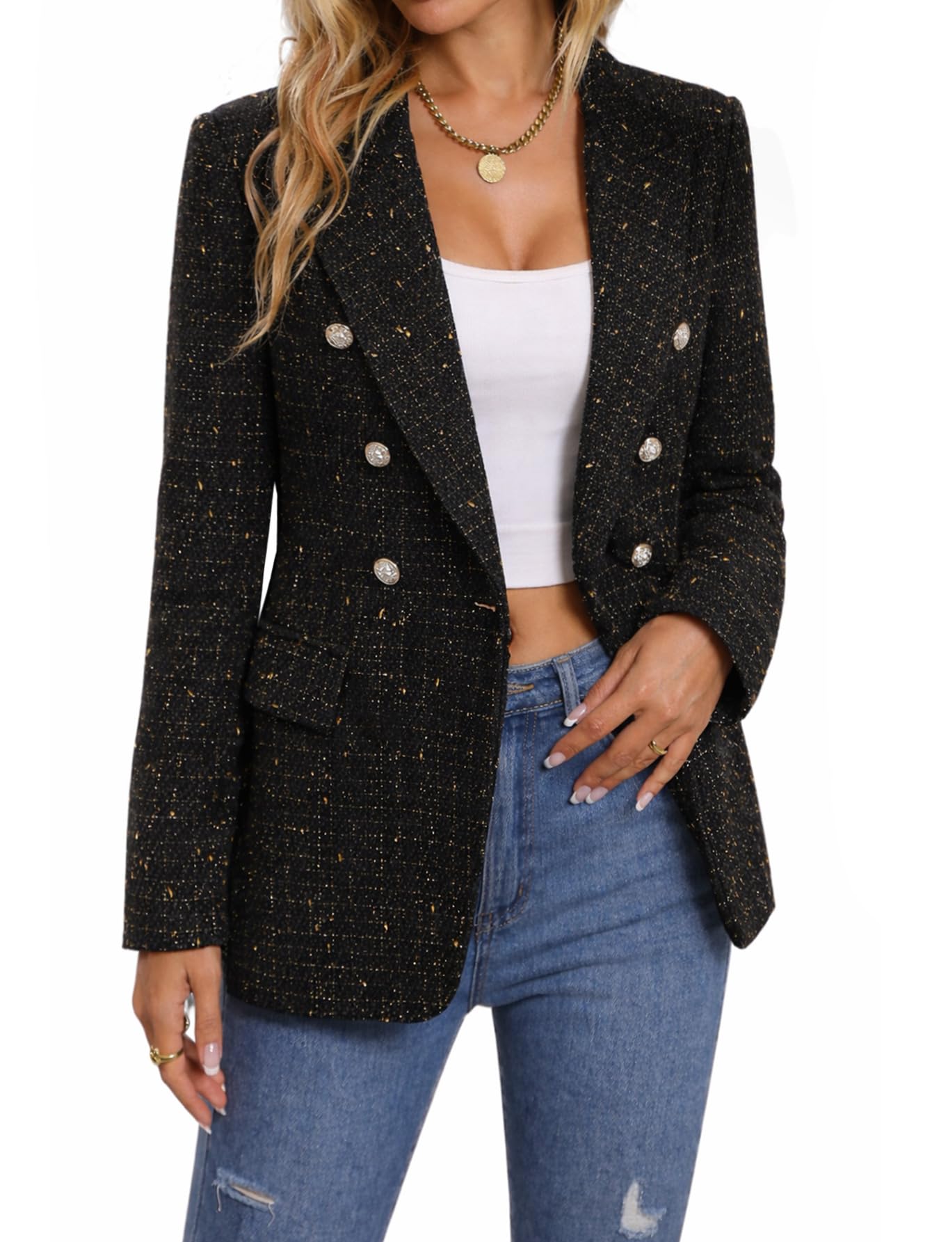 2026 Women's Tweed Plaid Blazer Jacket - Fully Lined Fashion Business Casual Elegant Work Coat with Pockets-image-32