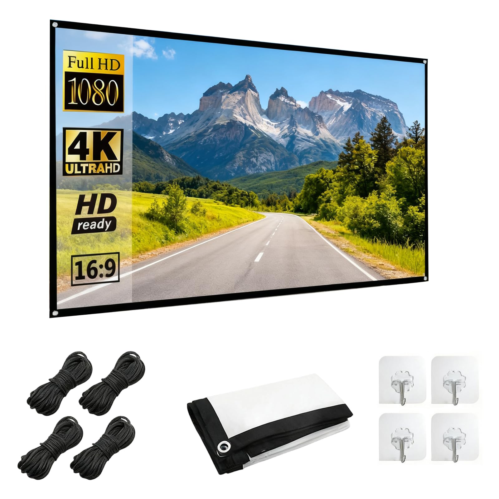 Proiettore di tela pieghevole da 60 pollici, portatile | 16:9 HD 4 K con proiezione sospesa e double face, resistente alla luce, spesso e senza pieghe, facile da trasportare, per home cinema