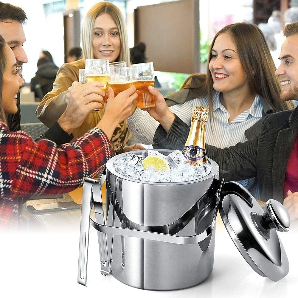 Pojemnik na lód z pokrywką, dwuścienny pojemnik na lód z pokrywką, stal nierdzewna, izolowany pojemnik na lód 1,3 l