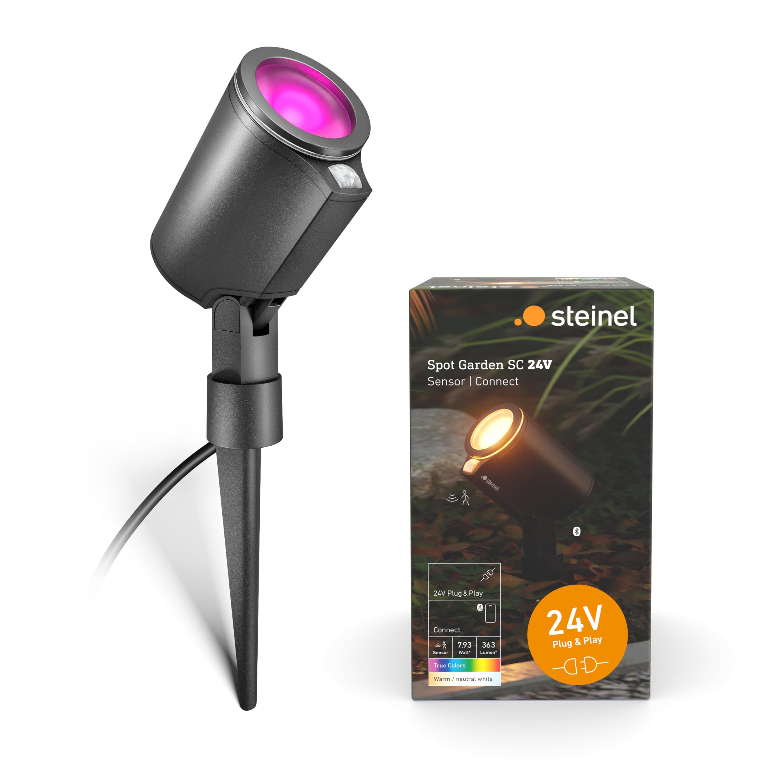 Steinel Gartenstrahler Spot Garden SC 24V, inkl. Erdspieß, RGBWW, 16 Mio. Farben, Bewegungsmelder, dimmbarer, App-Steuerung, Plug & Play, IP65, Anthrazit