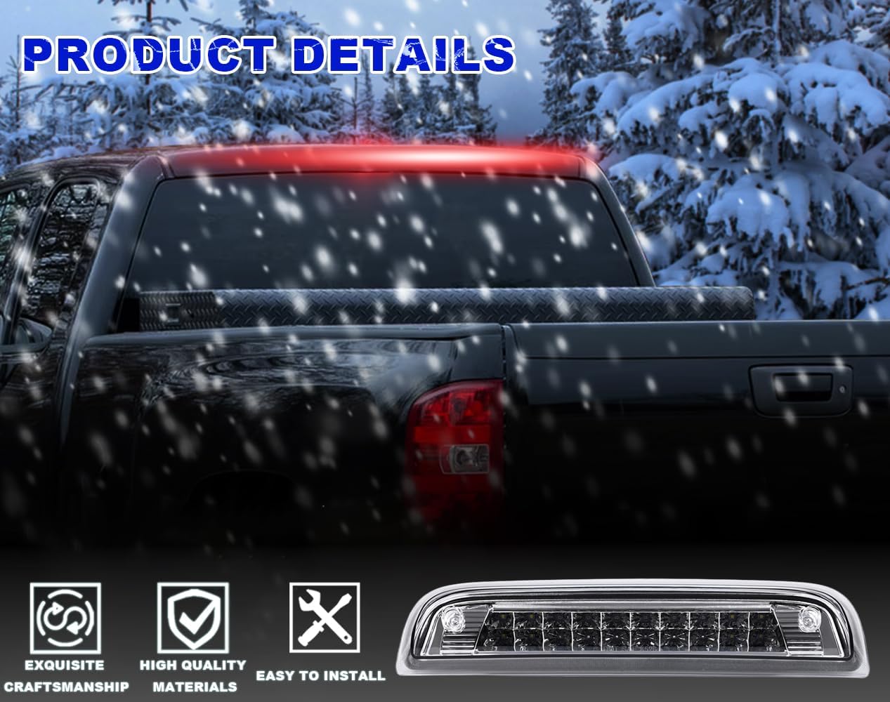 PIT66 LED 3rd Brake Light, Compatible with 14-18 GMC Sierra 1500/15-18 GMC Sierra 2500HD 3500HD/14-18 Chevy Silverado 1500/15-18 Chevy Silverado 2500HD 3500HD Brake Lamp Clear Lens Chrome Housing