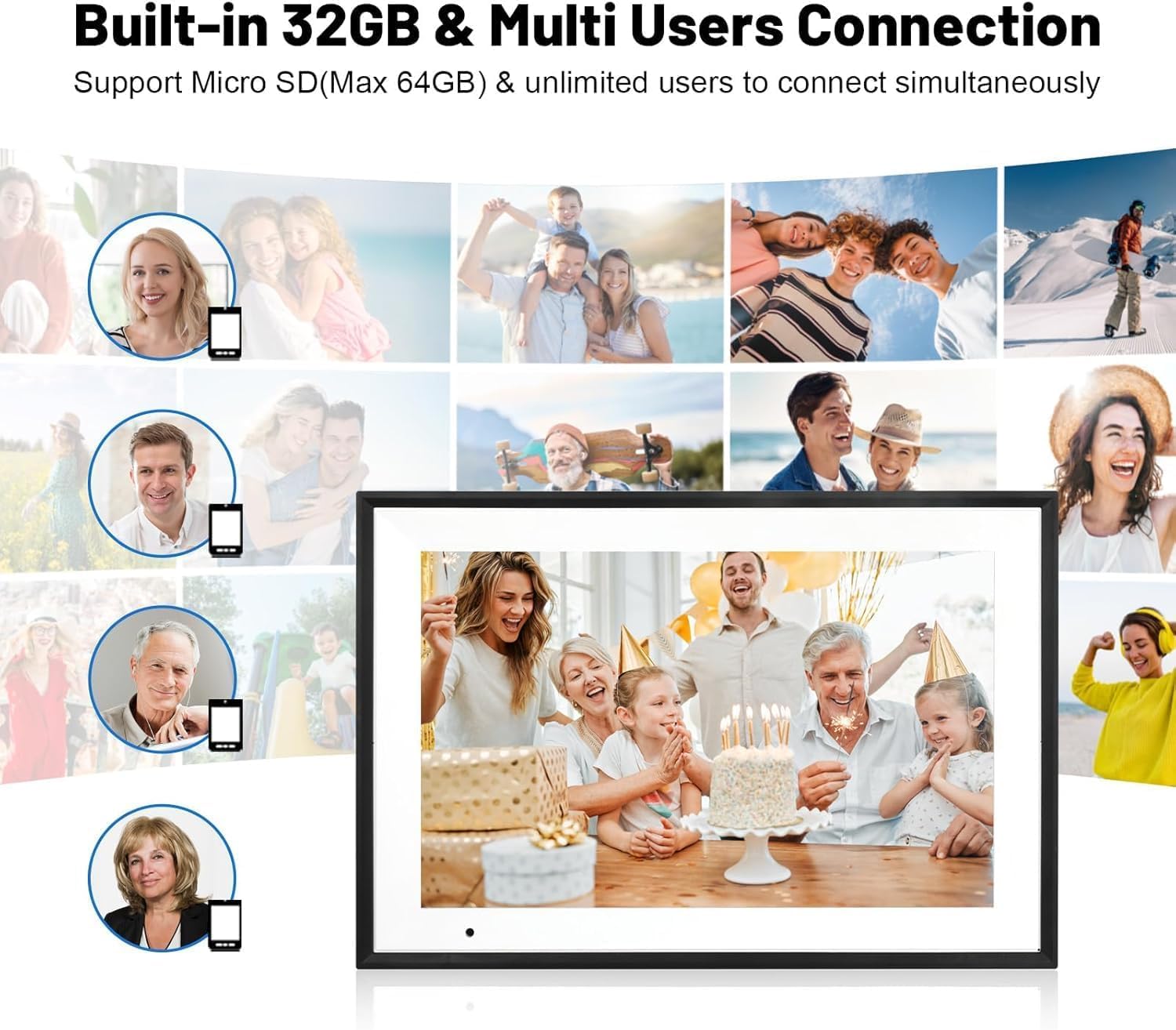 FUNCARE Cadre Photo Numérique WiFi 10,1 Pouces, Mémoire 32 Go, Écran Tactile HD 1280x800 IPS, Partage de Photos Vidéos Via APP, Rotation Automatique, Support Multilingue