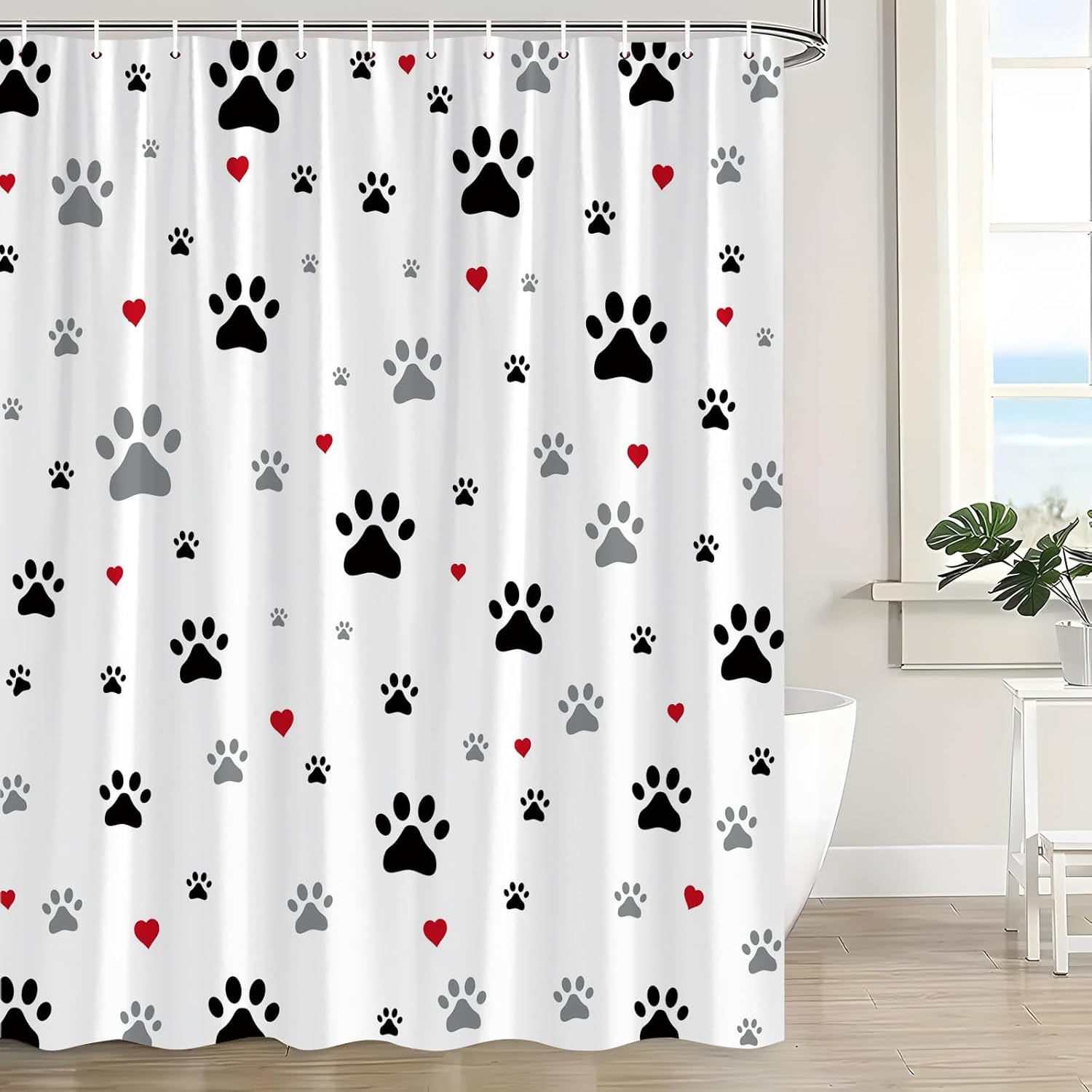 Funny Dog Paw Print Shower Curtain for Bathroom Black Grey Pet Footprints Hearts Creative Cute Animal Drawing Modern Polyester Fabric Bath Curtain 70 x 83 Inch