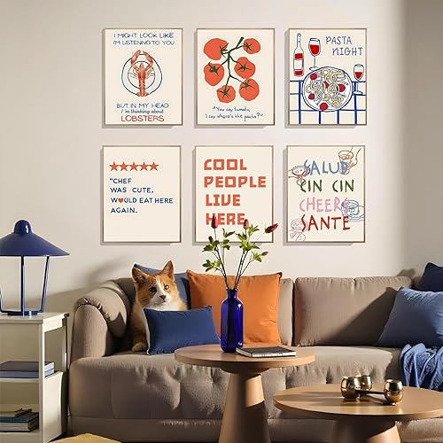 Miniatura 2 de EVER-GOING TUNE Juego de 6 piezas de arte de pared de cocina divertidas, decoración de moda de cocina, póster de langosta, póster de vino de pasta
