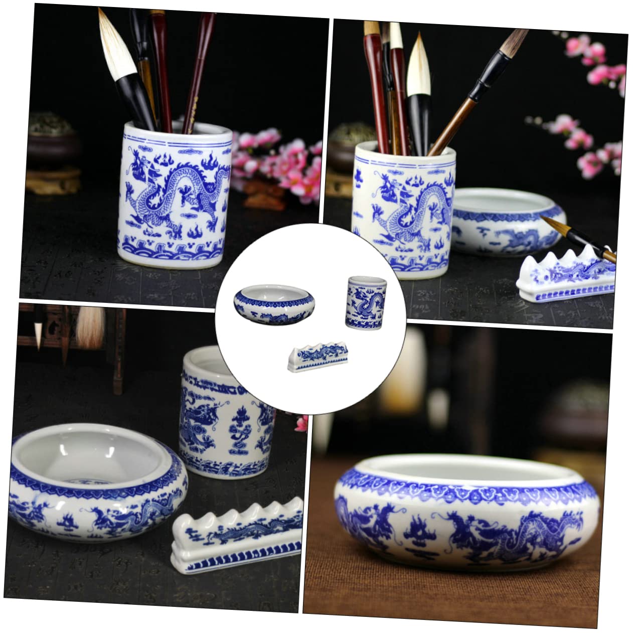 Sewroro Pot De Lavage De Stylos En Céramique Bleu Et Blanc Petit Format, Support Et Cylindre à Pinceaux D’encre Pour Calligraphie, Rangement Fonctionnel Décoratif Pour Bureau Et Maison
