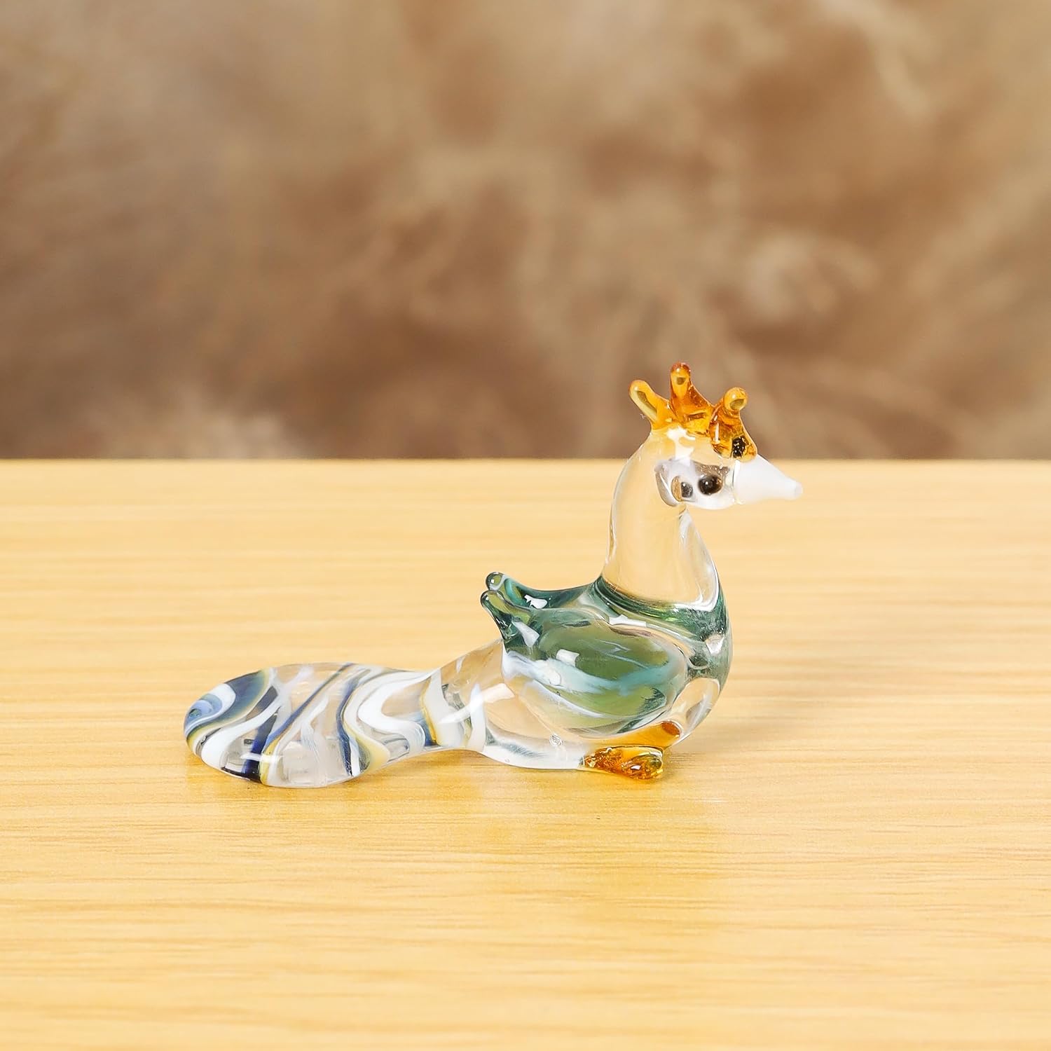 Hand-Blown Glass Peacock Figurine – Mini Peacock Sculpture with Colorful Tail and Golden Crown, Handmade Bird Collectible, Unique Glass Home Décor, Peacock Lover Gift image 5