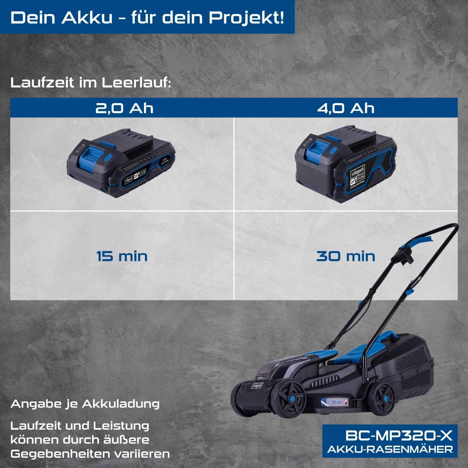 Scheppach Akku Rasenmäher BC-MP320-X | 32cm Schnittbreite | für 250-300m² | 30L Korb | Schnitthöhe 20-60mm mit Kanteneinzug | Brushless | 20V-IXES-Serie | 10 Jahre Garantie | mit 4Ah Akku & Ladegerät