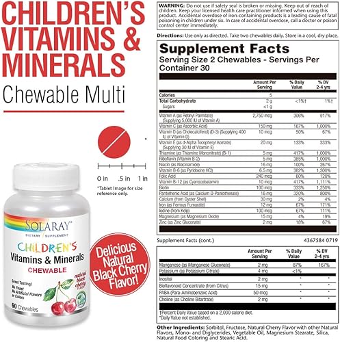 Miniatura 8 de Solaray Vitaminas y minerales para niños  Multivitamínico completo para niños  Gran sabor a cereza negra 120 masticables 60 porciones