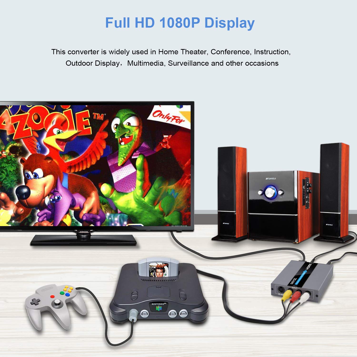 RCA S-Video auf HDMI Konverter, RCA Composite CVBS AV oder S-Video + R/L Audio Eingang zu HDMI Ausgang Upscale Konverter, Unterstützt 720P / 1080P Ausgangsschalter für N64, PS2, Wii, DVD