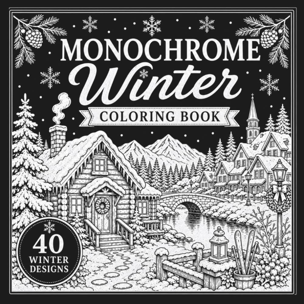Monochrome Winter Coloring Book: 40 Bold and Easy One-Color Scenes , Cozy Cabins, Snowy Villages, Winter Landscapes and Fireside Moments for Relaxation (Monochrome Coloring Series)