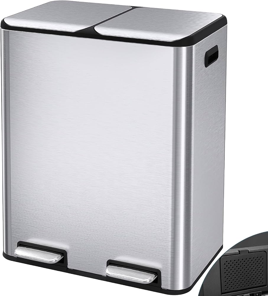 Arlopu 16Gal Dual Trash Can w/2 Built-in Box for Odor Control, Hands-Free Kitchen Garbage Bin, Recycle Waste Dustbin, Soft-Close Lid, 2 Buckets,Foot Pedal, Side Handle, Airtight,for Home (Silver)