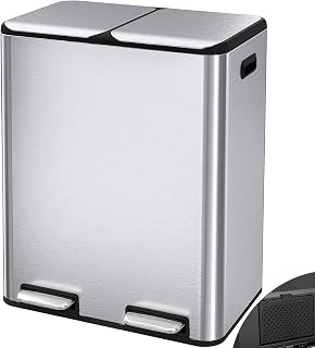 Arlopu 16Gal Dual Trash Can w/2 Built-in Box for Odor Control, Hands-Free Kitchen Garbage Bin, Recycle Waste Dustbin, Soft-Close Lid, 2 Buckets,Foot Pedal, Side Handle, Airtight,for Home (Silver)