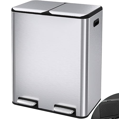 Miniatura 12 de Arlopu Cubo de basura doble de 16 galones con 2 cajas integradas para control de olores, cubo de basura de cocina manos libres, cubo de basura de