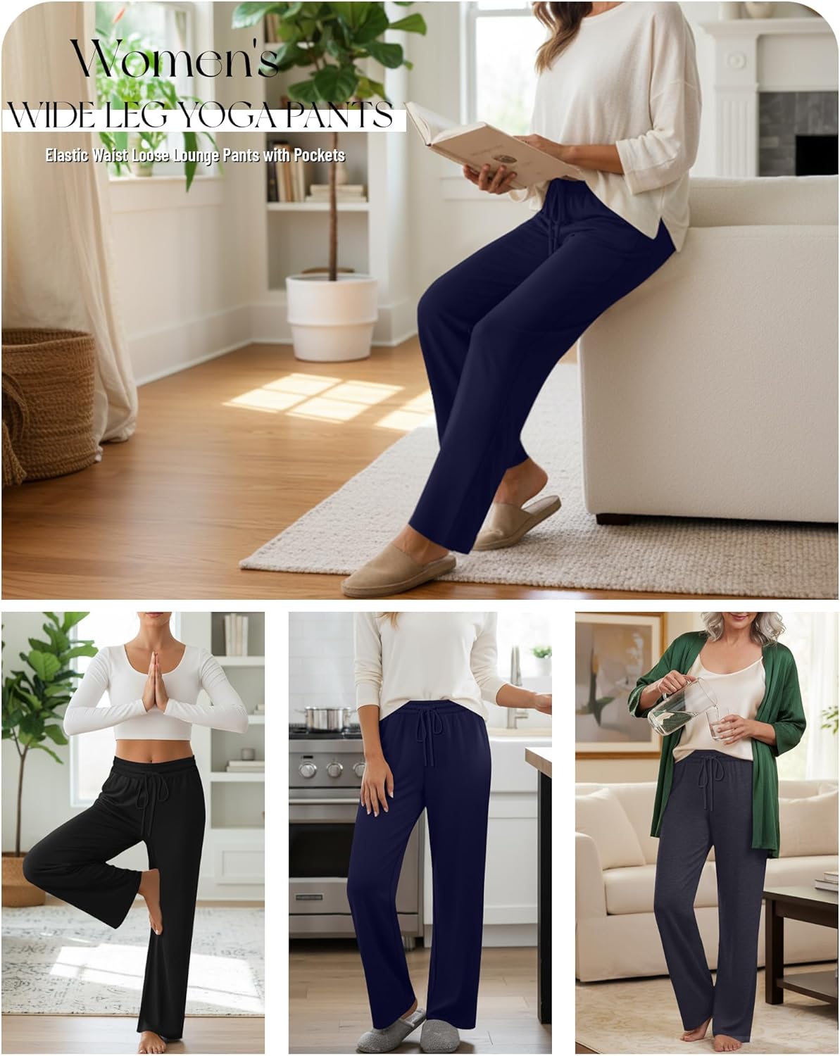 3 Pack Women's Wide Leg Yoga Pants, Casual Drawstring Sweatpants Elastic Waist Loose Lounge Pants with Pockets - Image 3