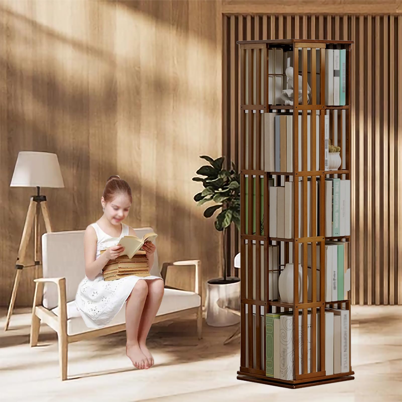 Biblioteca giratoria de bambú a niveles, estante giratorio de 360° con vitrina de esquina, estante para libros y decoración - Estantería de almacenamiento para niños y adultos - Biblioteca