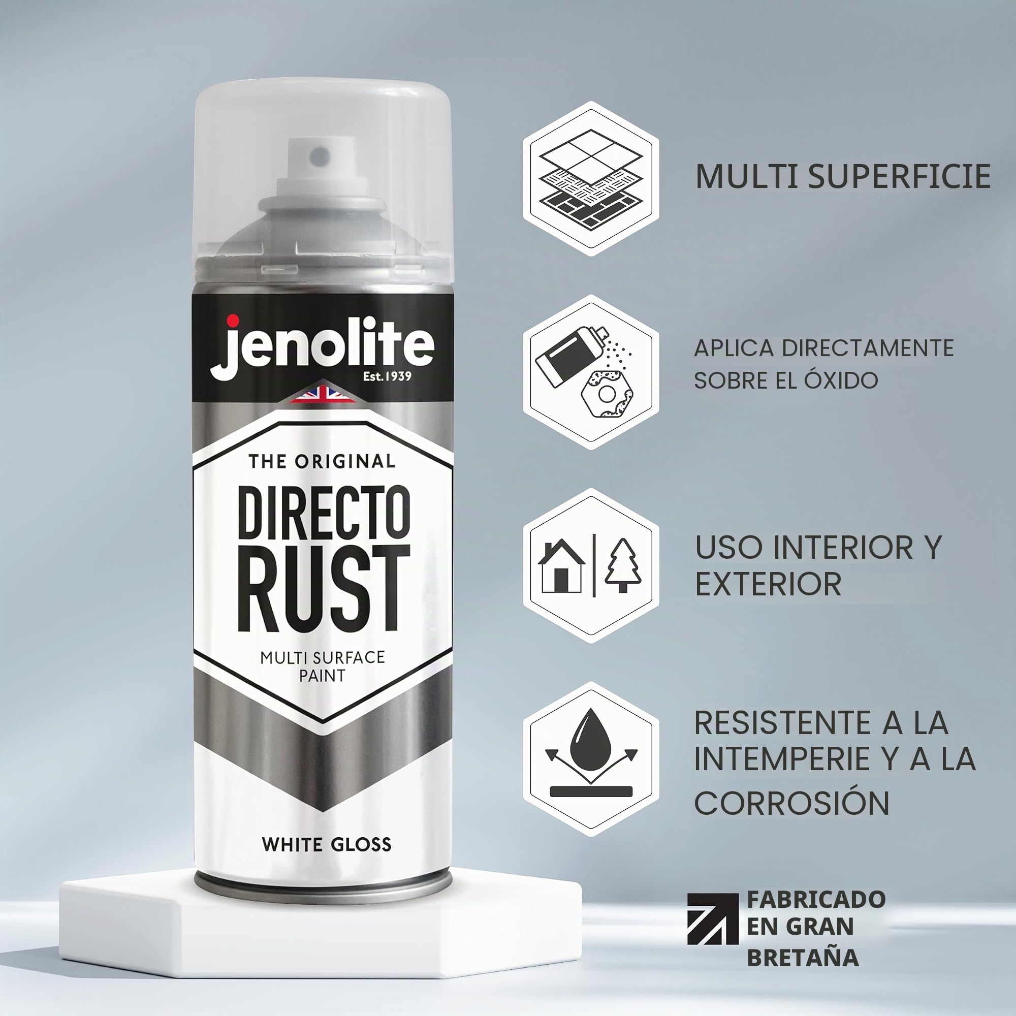 JENOLITE Directorust Pintura en aerosol brillante | BLANCO | 3x400ml | Pintura en aerosol de óxido directo para metal | Múltiples superficies: madera, metal, plástico | RAL1016