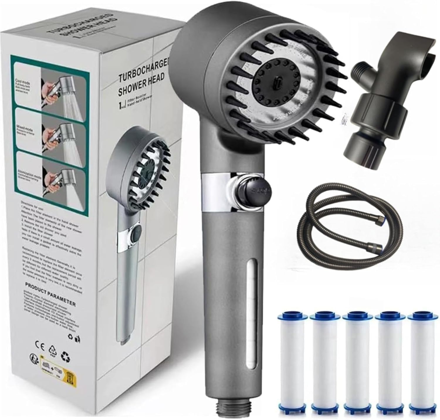 2026 New Drivse Filtered Shower Head With Handheld Scalp Massage, Water Saving, Easy Install Adjustable (Shower head +1.5 grey steel hose + US-style hanger +5 filter cartridges)