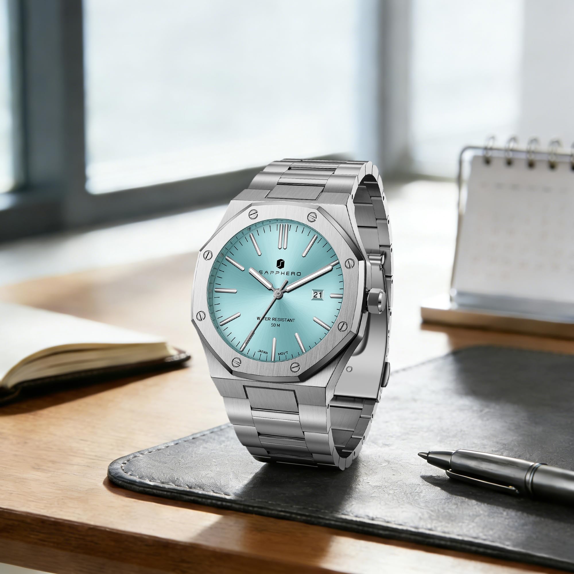 SAPPHERO Uhren Herren Quarzwerk Silber Edelstahl Armband 50M Wasserdicht Datum Kalender Schwarz Blau Herrenuhren Armbanduhr Geschenke für Männer