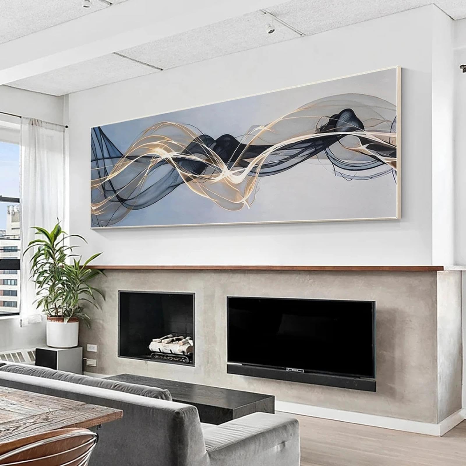ICOMPY Arte de pared sobre la cama para dormitorio, cinta abstracta gris dorada y negra, pintura sobre lienzo, carteles grandes, decoración moderna para el hogar, 50x150 cm, sin marco