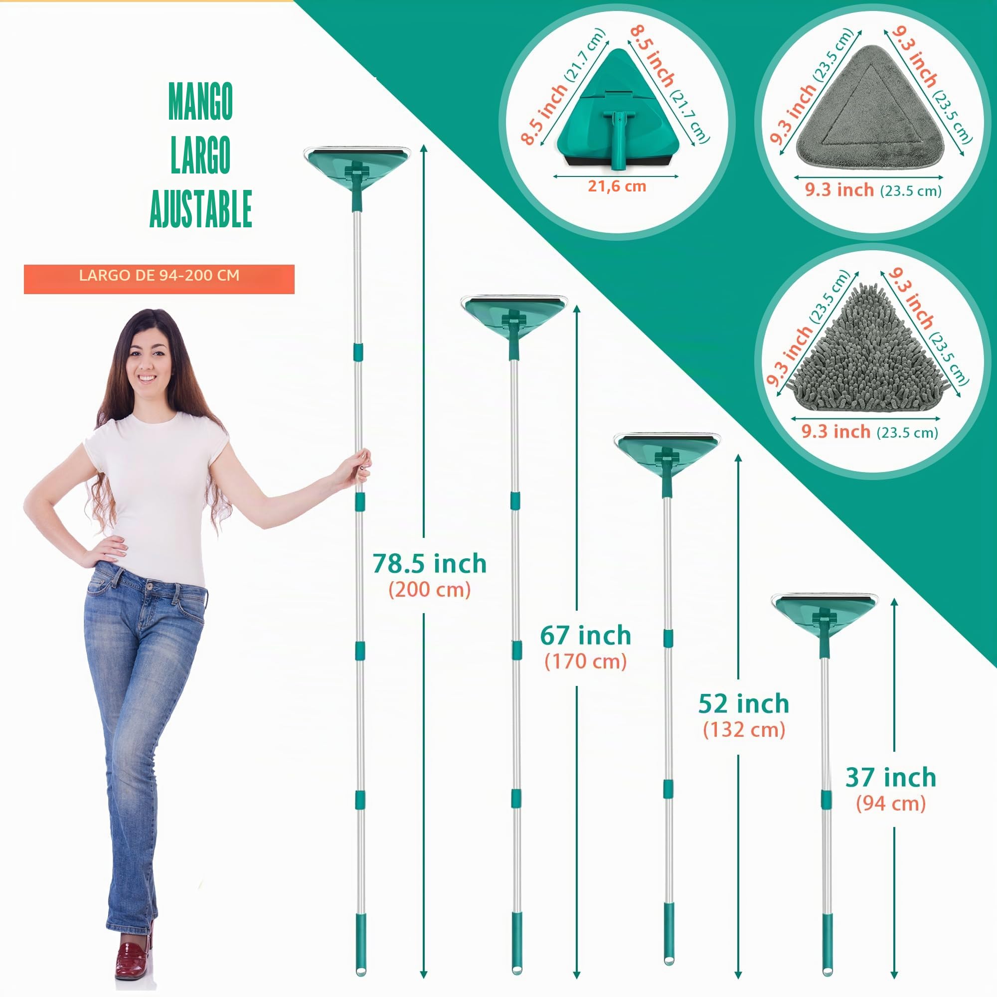 JEHONN Mopa Triangular de Mango Largo 200CM, Trapeador de Limpieza Azulejos Pared con 6 Almohadillas de Chenilla Microfibra, Adecuado para Paredes Pintadas, Ventanas, Suelos y Sustratos (Verde)