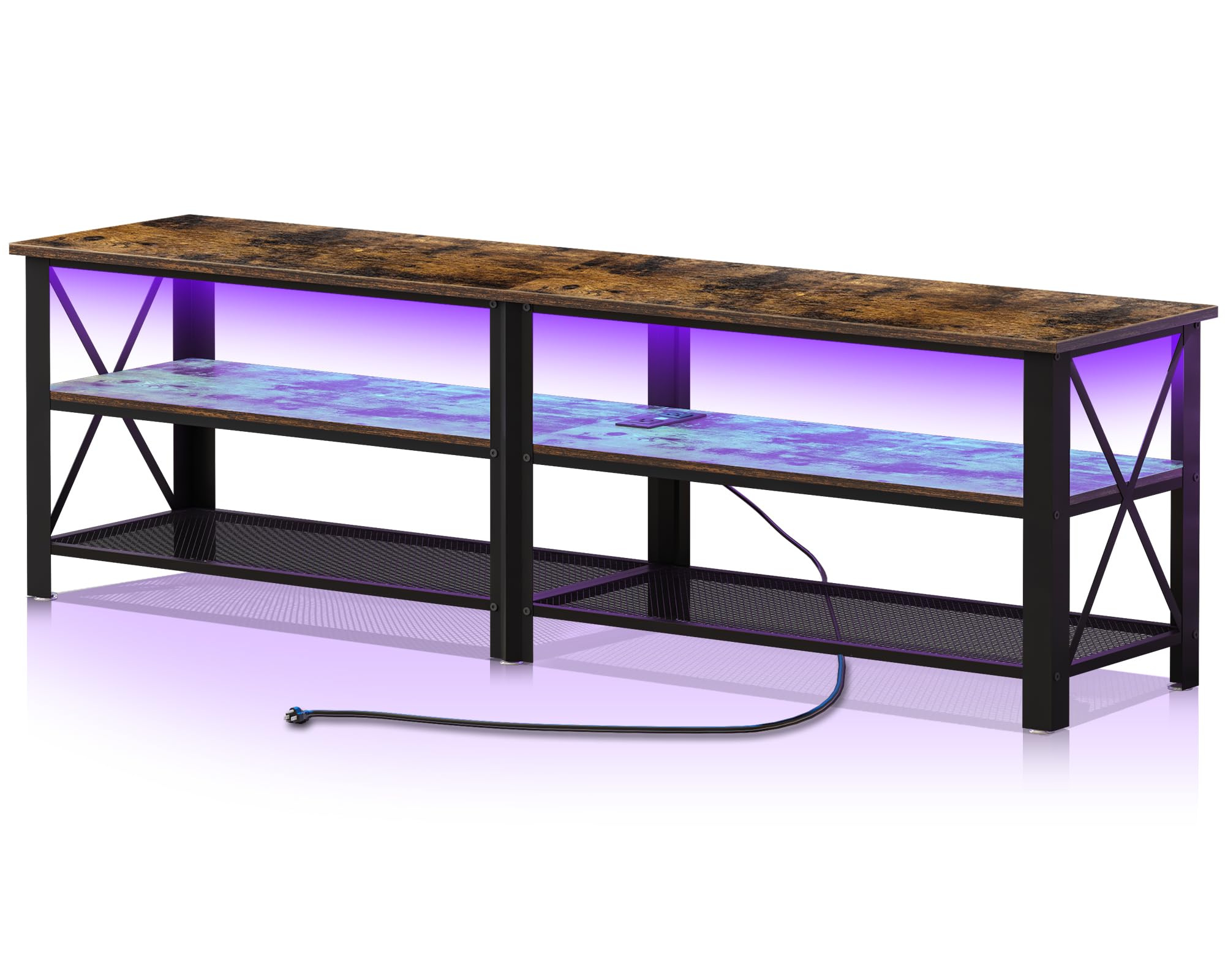Moderno soporte de TV de metal marrón de 71 pulgadas con luces LED y tomas de corriente para televisores de 50, 60, 65, 70, 75, 80 pulgadas, soportes de televisión de 3 niveles con centro