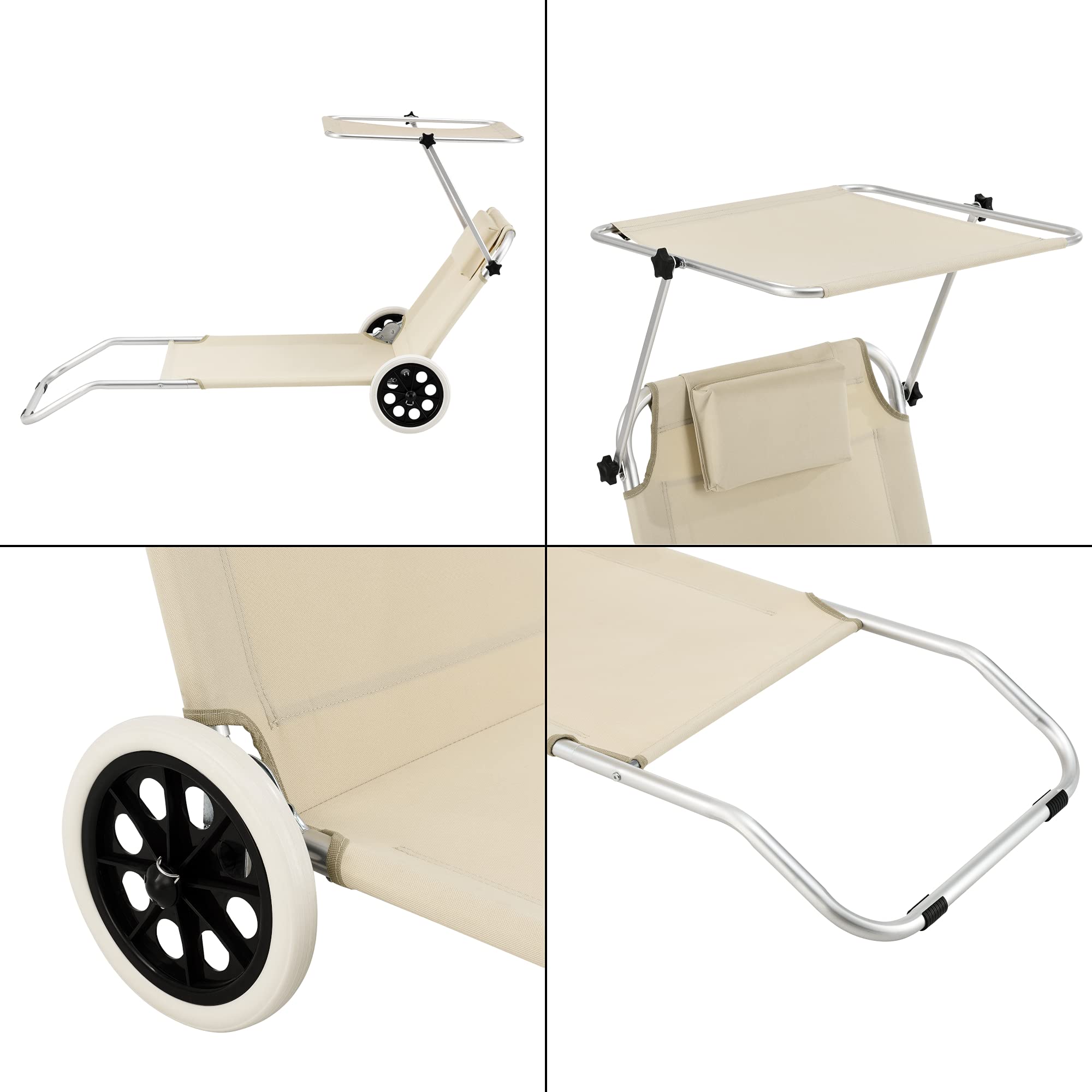 [en.casa] Lettino Prendisole a 2 Ruote e Schienale Regolabile Sdraio Pieghevole da Spiaggia Giardino con Tettuccio Parasole Cuscino Poggiatesta e Rete Portaoggetti - Beige
