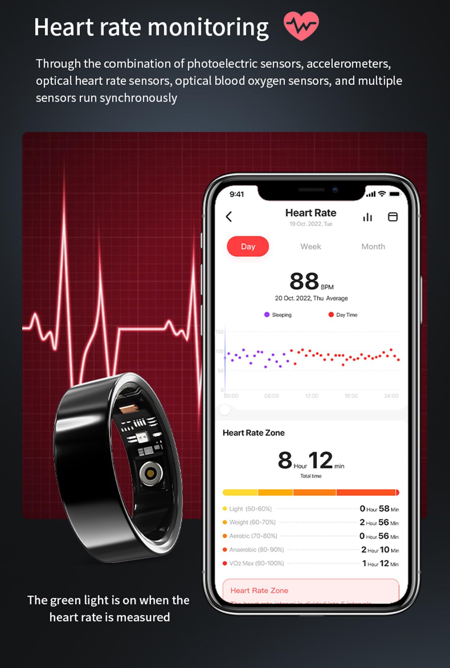 Anello intelligente Bluetooth per uomo e donna, grande anello di monitoraggio dell'attività fisica con cardiofrequenzimetro e ossigeno nel sangue, contatore passi, nero #13