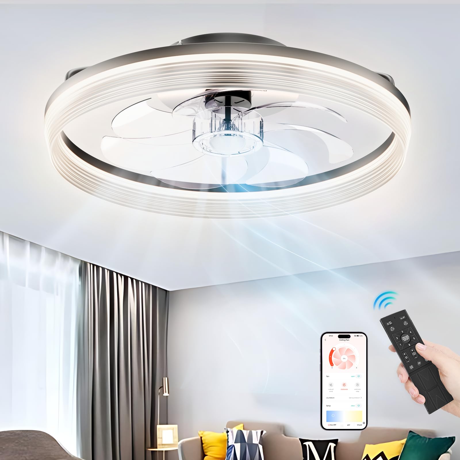 FIMEI Ventilatori da soffitto con luce 50 cm, Telecomando e APP, Ventilatore reversibile a 6 velocità e regolazione continua della luce, Ventilatore da soffitto silenzioso con lampade, timer