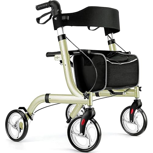 Winlove Rollator Walker for Seniors-Folding,with Seat and Four 8-inch Wheels-Medical Rollator Walker with Thick Backrest-Lightweight Aluminium Frame and Basket, Champagne