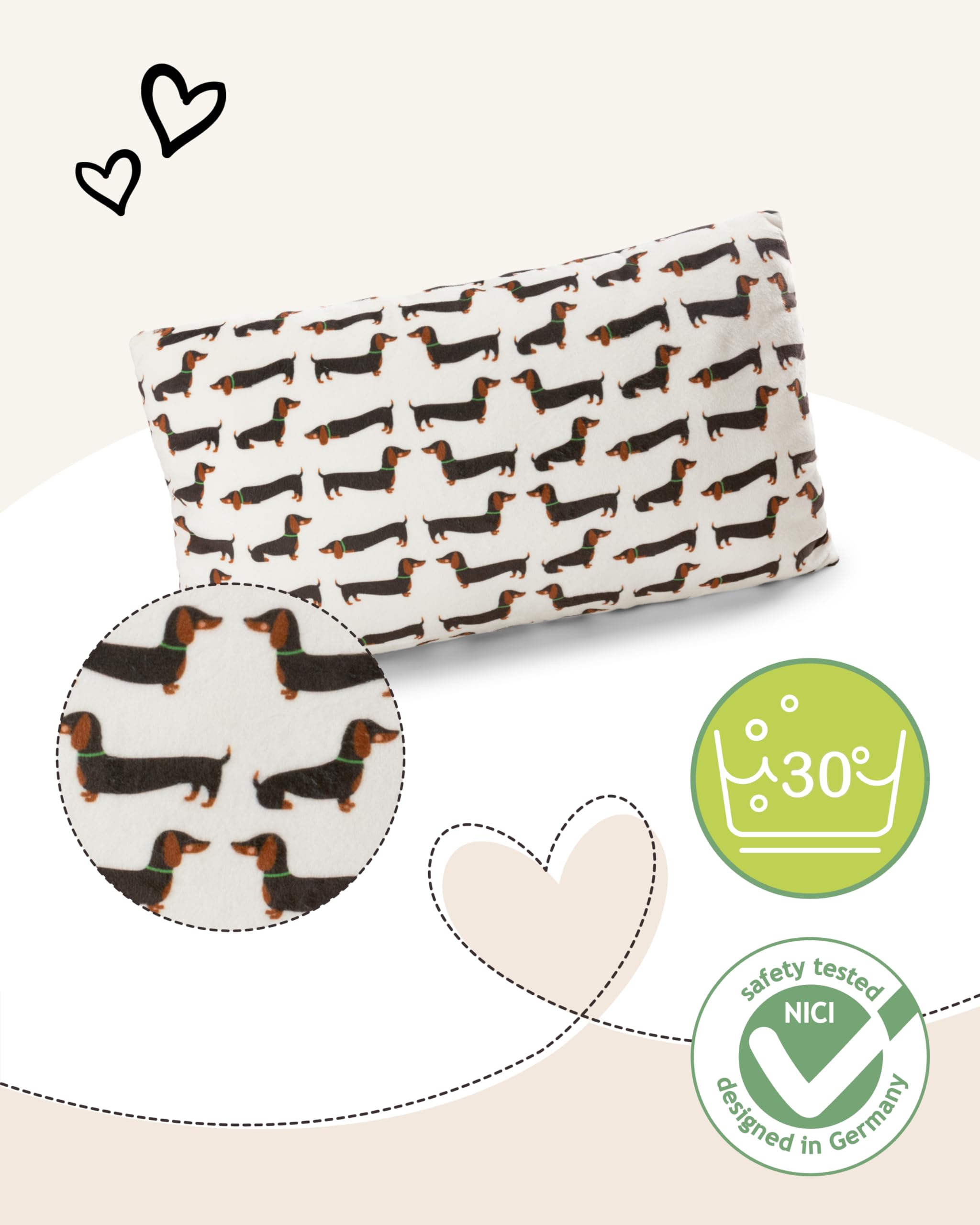 NICI Cuscino con motivo bassotto, morbido e adatto a ragazzi, ragazze e amanti dei peluche, ideale per casa, asilo o in viaggio, 43 x 25 cm, marrone - 61899