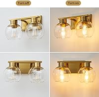 Vista 7 de PAZALA 2 luces de tocador, lámpara de pared de baño de latón cepillado con pantalla de vidrio esmerilado, lámpara de baño sobre espejo