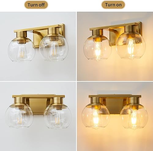 Miniatura 7 de PAZALA 2 luces de tocador, aplique de pared de baño de latón cepillado con pantalla de vidrio globo, lámpara de baño sobre espejo para dormitorio,
