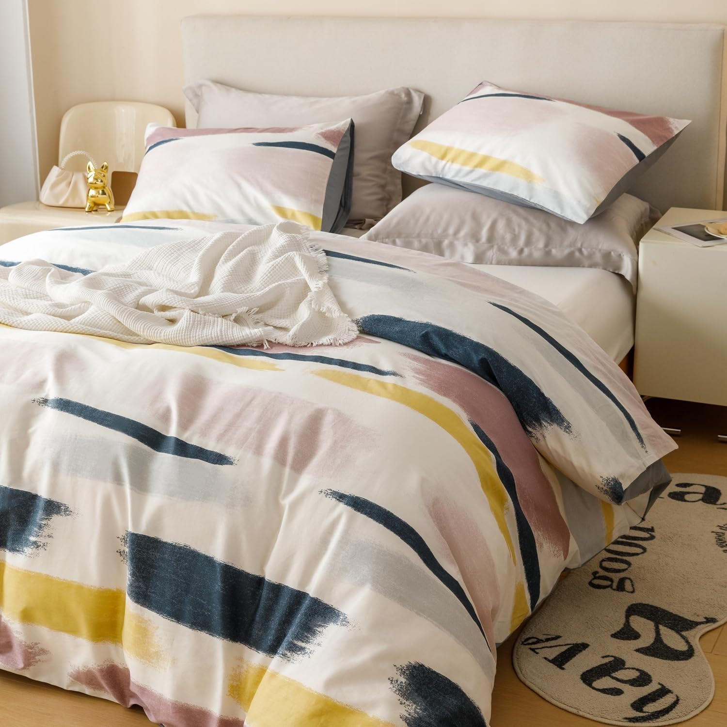 SUSYBAO Rainbow Striped Duvet Cover King 100% Cotton 3 Pcs Set 1 Aesthetic Mustard Yellow Geometric Duvet Cover with Zipper Ties 2 Pillowcases Reversible Colorful Graffiti Stripe Bedding Set Soft