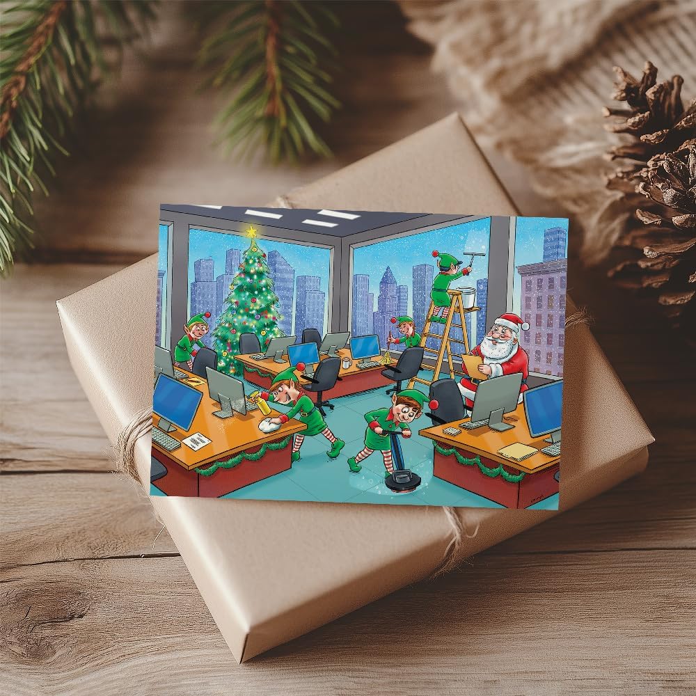 Janitorial Christmas Greeting Cards – 50-Pack Bulk Commercial Holiday Cards for Custodial Services & Cleaning Companies, Santa Office Cleaning Design
