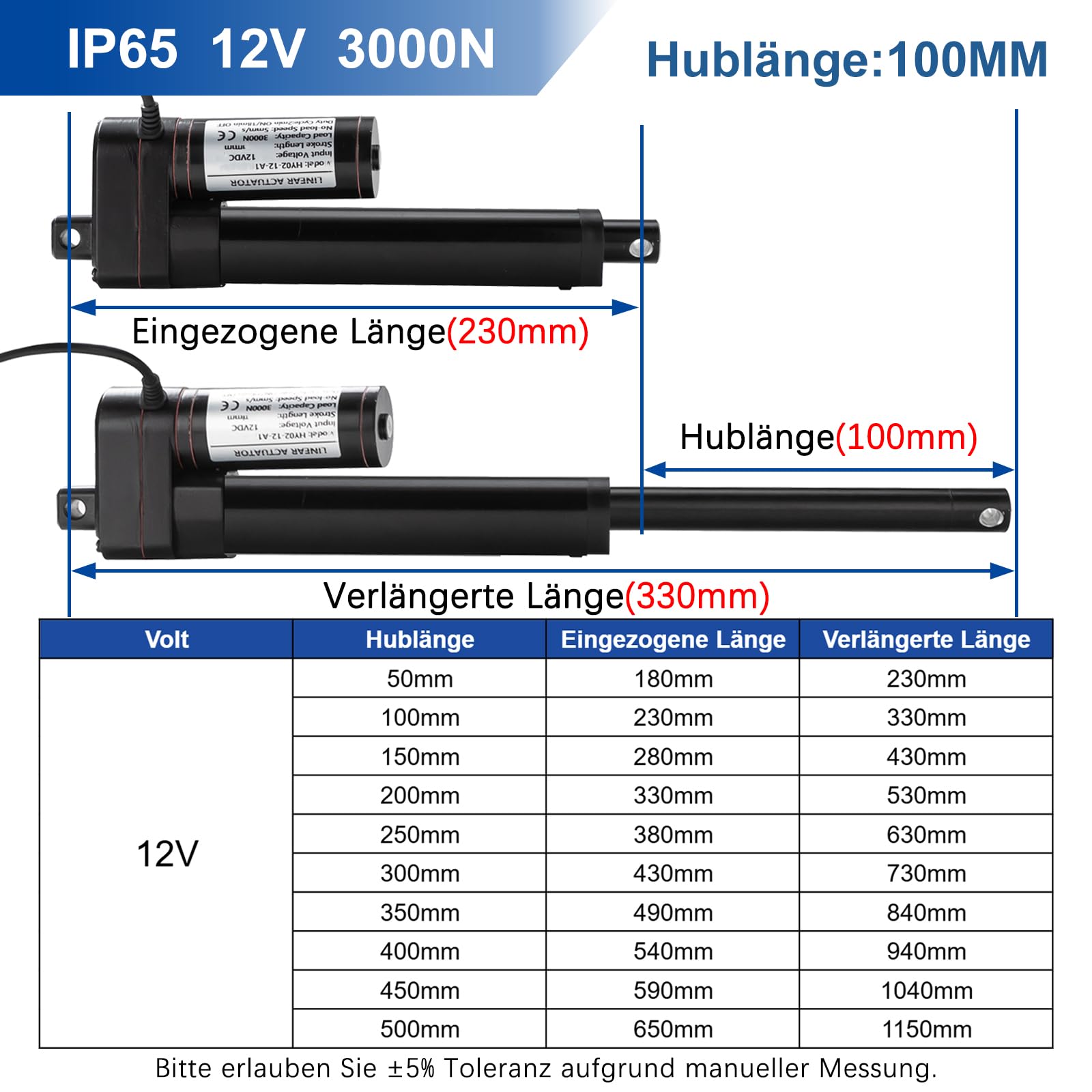 3000 N 100 mm Hub IP65 resistente al agua, actuador lineal, motor lineal de 12 V, 5 mm/s, con soporte de montaje para armario, abridor de ventanas, apertura de puerta, domótica del hogar