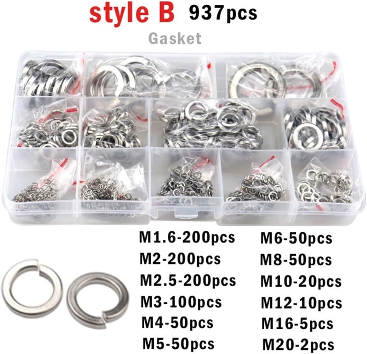 CREAP 937/530pcs 304 Stainless Steel Spring Split Lock Washer Kit Elastic Gasket Set M1.6 M2 M2.5 M3 M3.5 M4 M5 M6 M8 M10 M12 M16(M1.6-M20-937pcs)