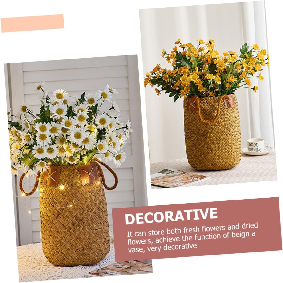 Alipis 2pcs Seagrass Flower Baskets Handmade Woven Storage Basket Handles Decorative Flower Holder for Home