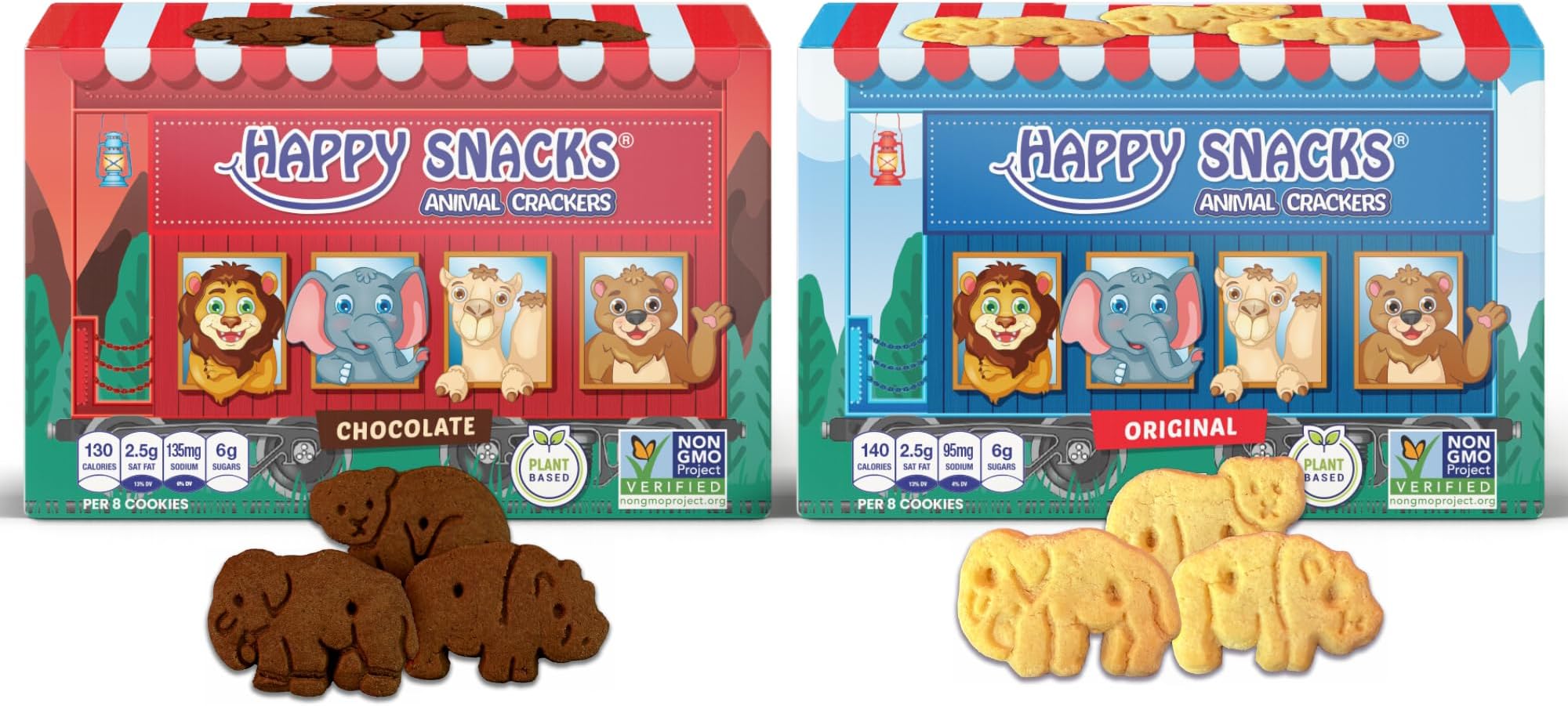 Happy Snacks Animal Crackers - Plant Based Ingredients, Animal Crackers Snack Packs, Nut & Peanut Free, Fortified with Essential Vitamins & Minerals, No Artificial Ingredients - Variety Pack (Vanilla & Chocolate), 2 Oz Boxes (Pack of 12)