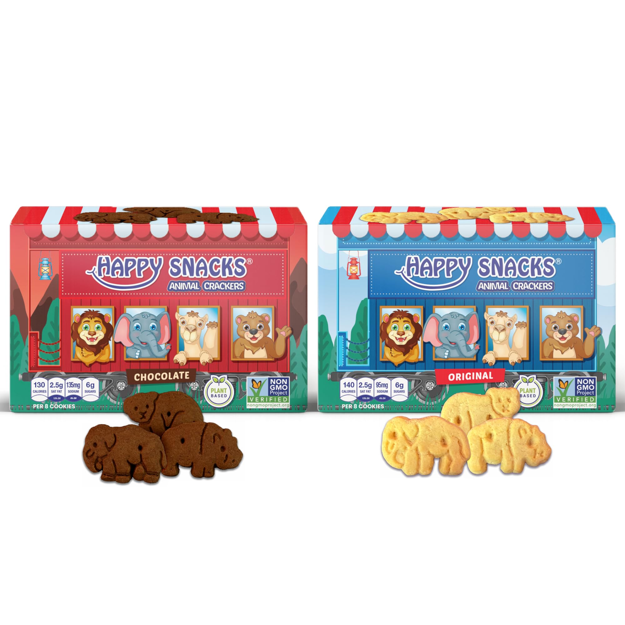 Happy Snacks Animal Crackers - Plant Based Ingredients, Animal Crackers Snack Packs, Nut & Peanut Free, Fortified with Essential Vitamins & Minerals, No Artificial Ingredients - Variety Pack (Vanilla & Chocolate), 2 Oz Boxes (Pack of 12)