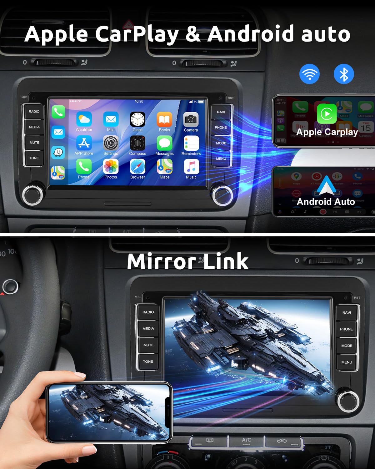 ESSGOO Android15 4+64G Wireless CarPlay Androidd Auto Autoradio Für VW Golf MK5 MK6 Polo Caddy Passat Seat RCD330,2 Din Bluetooth Radio mit 7 Zoll Touchscreen FM RDS GPS WiFi Navi