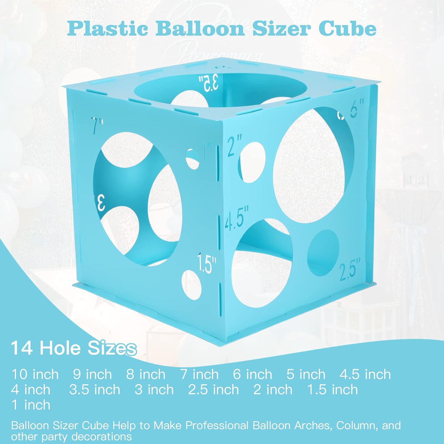 Pllieay 14 Holes Balloon Sizer Box Cube, Blue Plastic Balloon Measurement Box, Collapsible Balloon Sizer Tool with Instructions for Balloon Decoration, Balloon Arch, Balloon Columns, 1-10 Inch