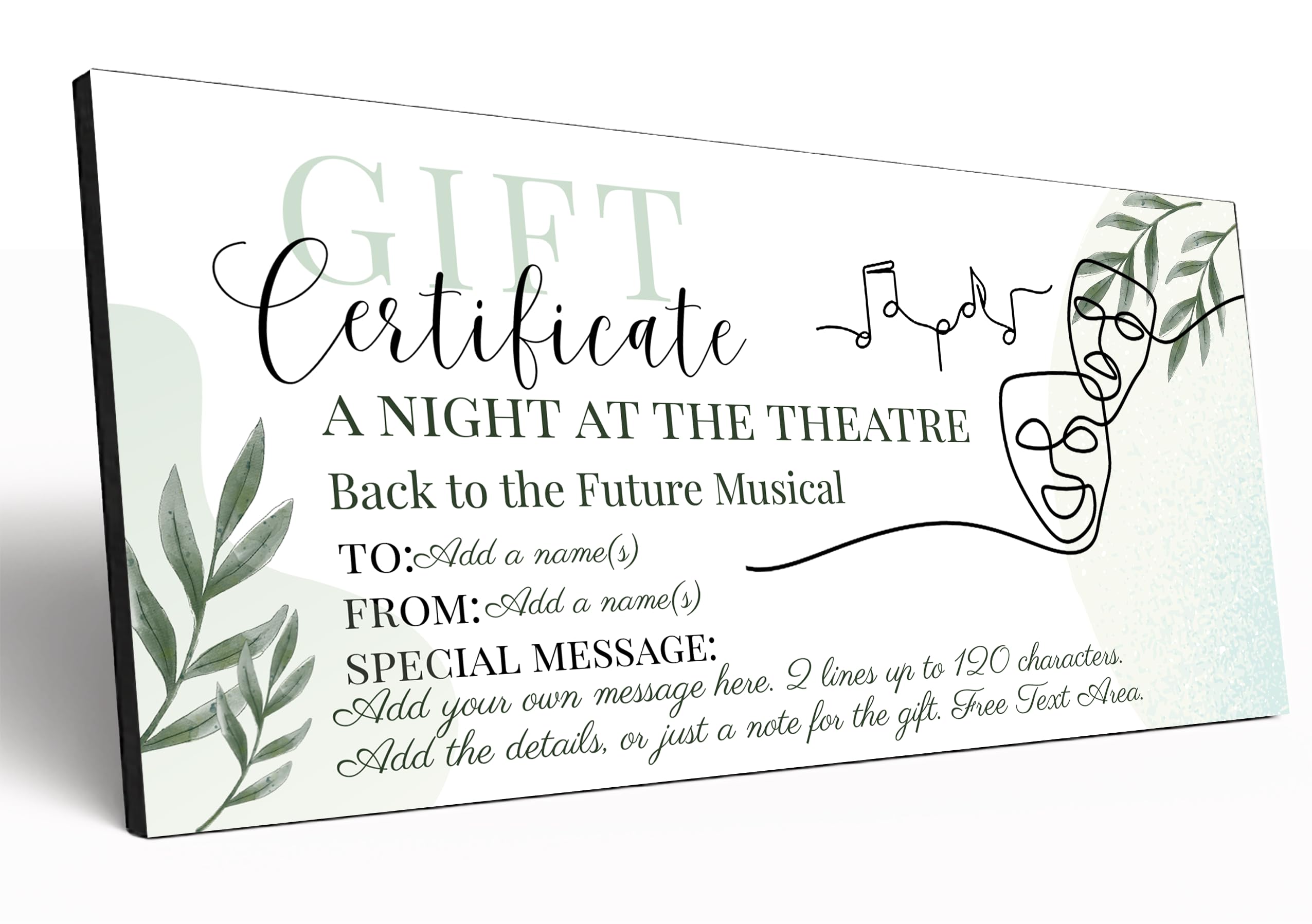 The Plum Penguin Customisable Gift Certificate 6mm MDF Personalised Gift Voucher Experience Event Gift Elegant Botanical Design (Theatre Trip)