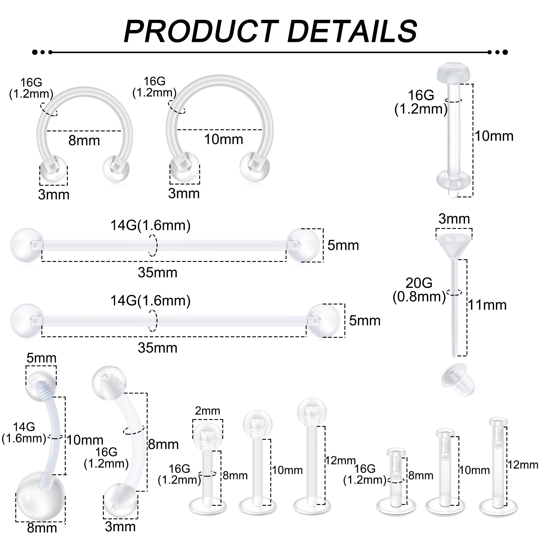Lot de 60 piercings transparents pour piercing de nez, septum, lèvre, langue