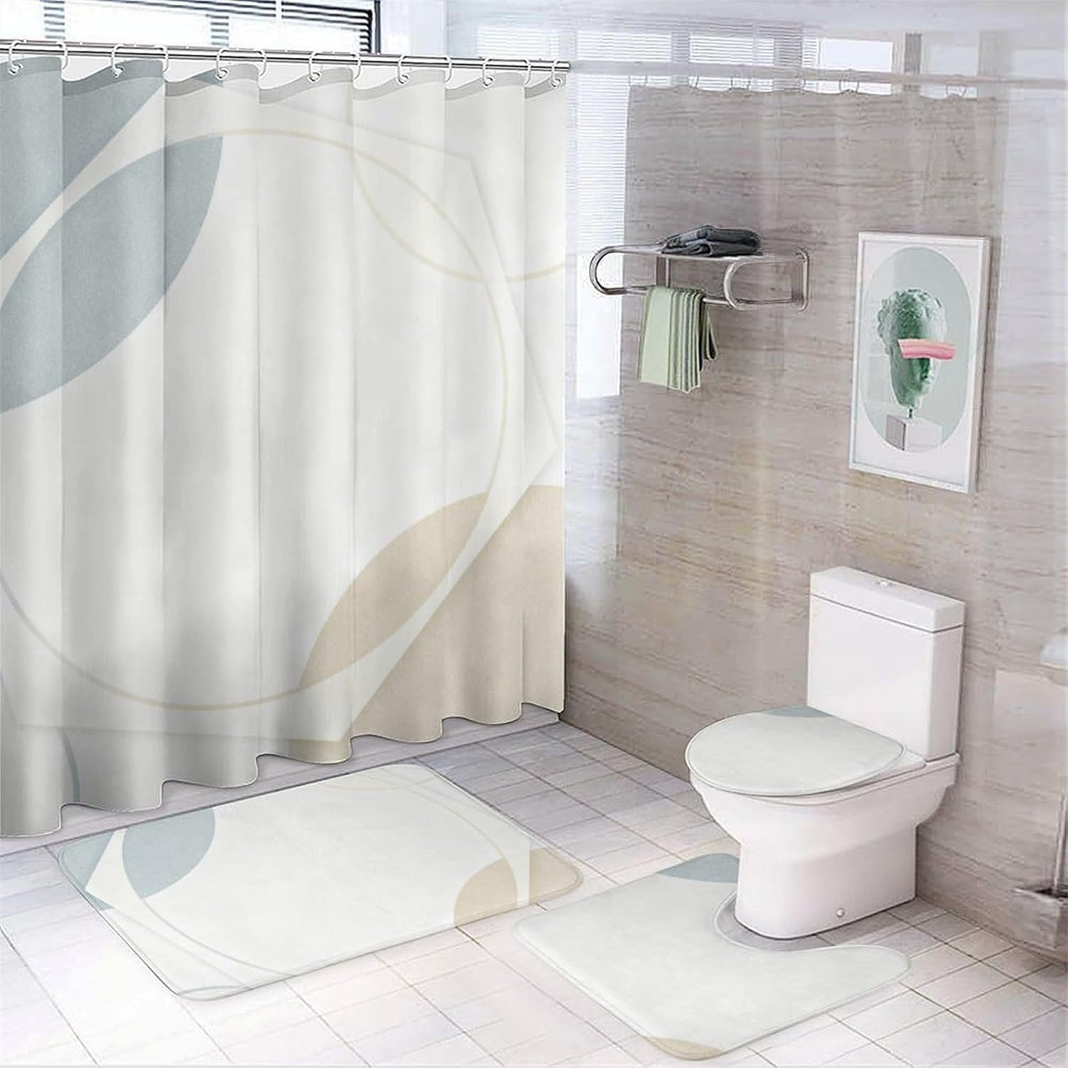 4 Piece Bathroom Rug Set with Shower Curtain, Non-Slip Bath Mat Toilet Cover Set, Geometric Grids Bathroom Rug Sets