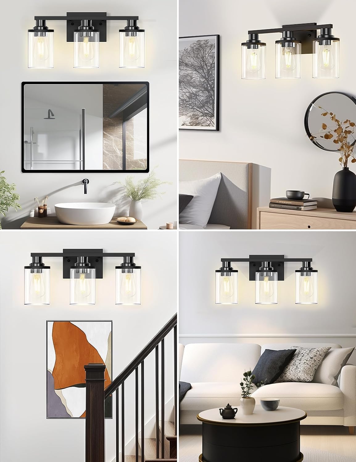 DORESshop 20 Inch Bathroom Light Fixtures, 3-Light Black Bathroom Lighting Fixtures Over Mirror with Clear Glass Shade, Vanity Lights for Bathroom Living Room Bedroom, ETL Listed