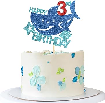 Shark Happy 3rd Brithday Cake Topper - Under the Sea Boy Kid Three Birthday Cake Supplies/Ocean World 3rd Shark Birthday Party Decoration - Blue Glitter 3rd