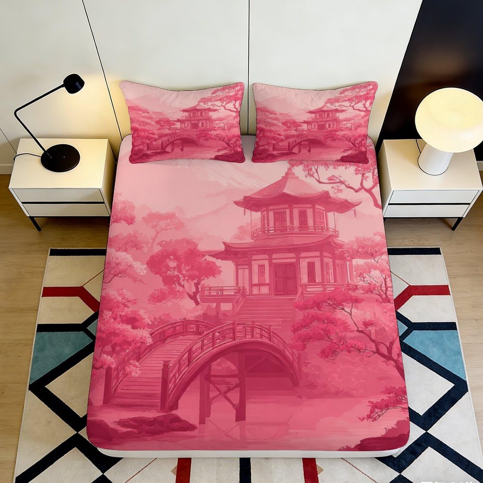 Jqzkxnhpbr Style-10 3D Printed Oriental Pagoda Fitted Sheet Microfiber Soft Pink Landscape Bed Cover For Bedroom Guest Room Decor Easy Care 90X200x25cm