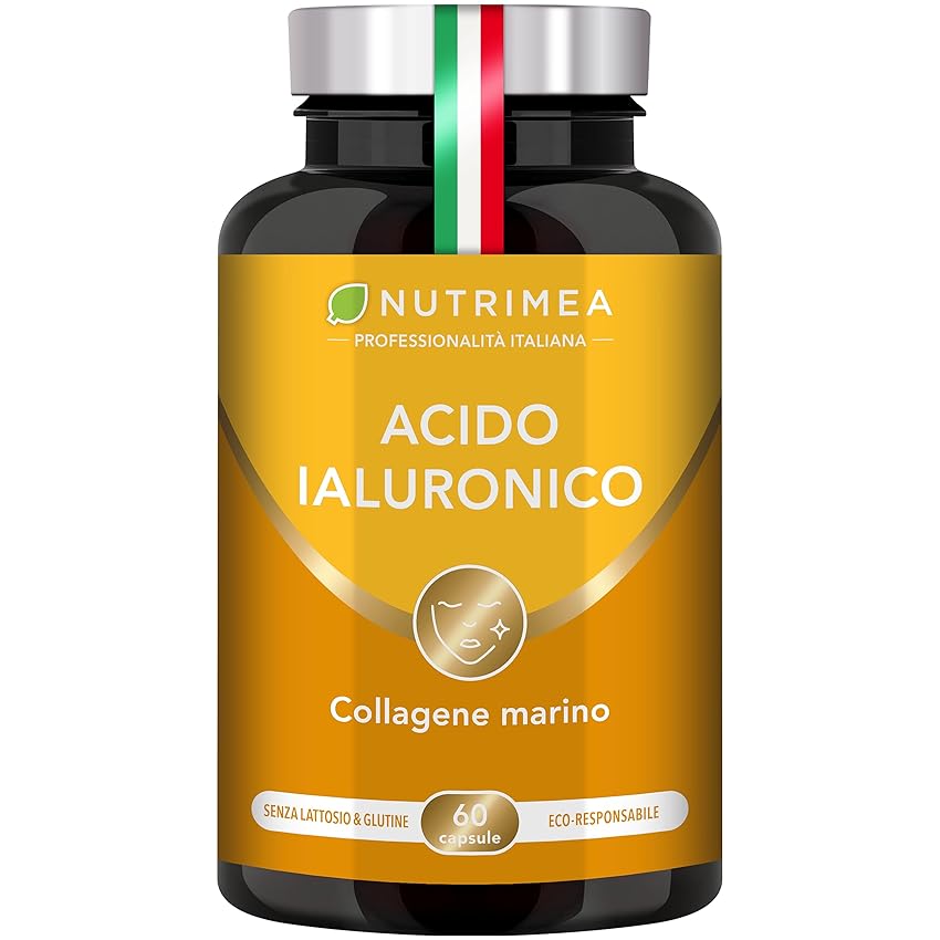 Immagine del prodotto Acido Ialuronico | con Collagene Marino | Ricco di Vitamina A e C | Antirughe e Anti-age | Idrata e Illumina la Pelle | Supporta le Articolazioni | 60 Capsule | Nutrimea