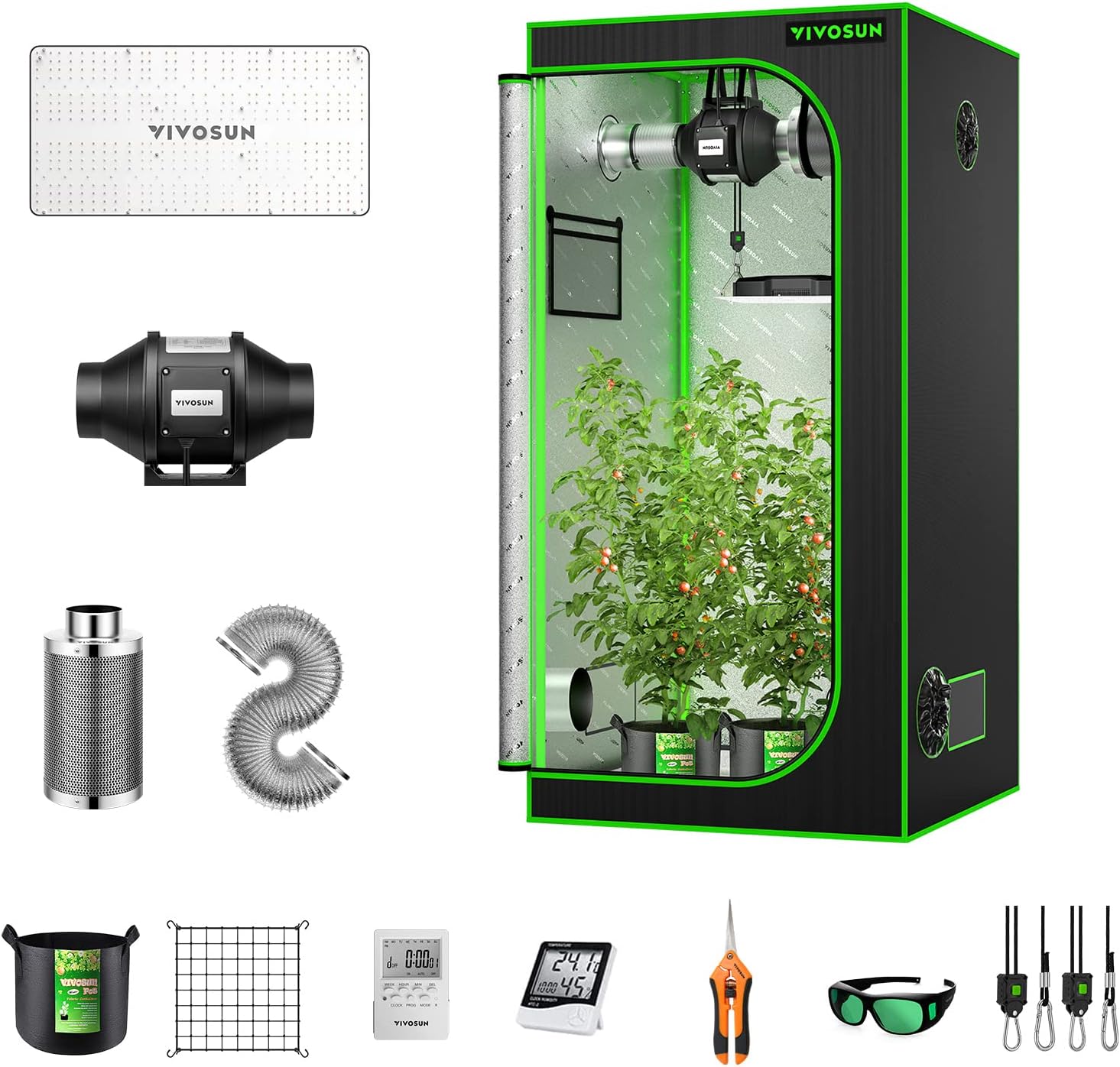 VIVOSUN GIY 3x3 Grow Tent Complete System, 3x3 ft. Grow Tent Kit Complete with 4-inch Inline Fan Package, VS2000 LED Grow Light, Temperature Humidity Monitor, Netting, Grow Bags, Pruning Shear & Timer