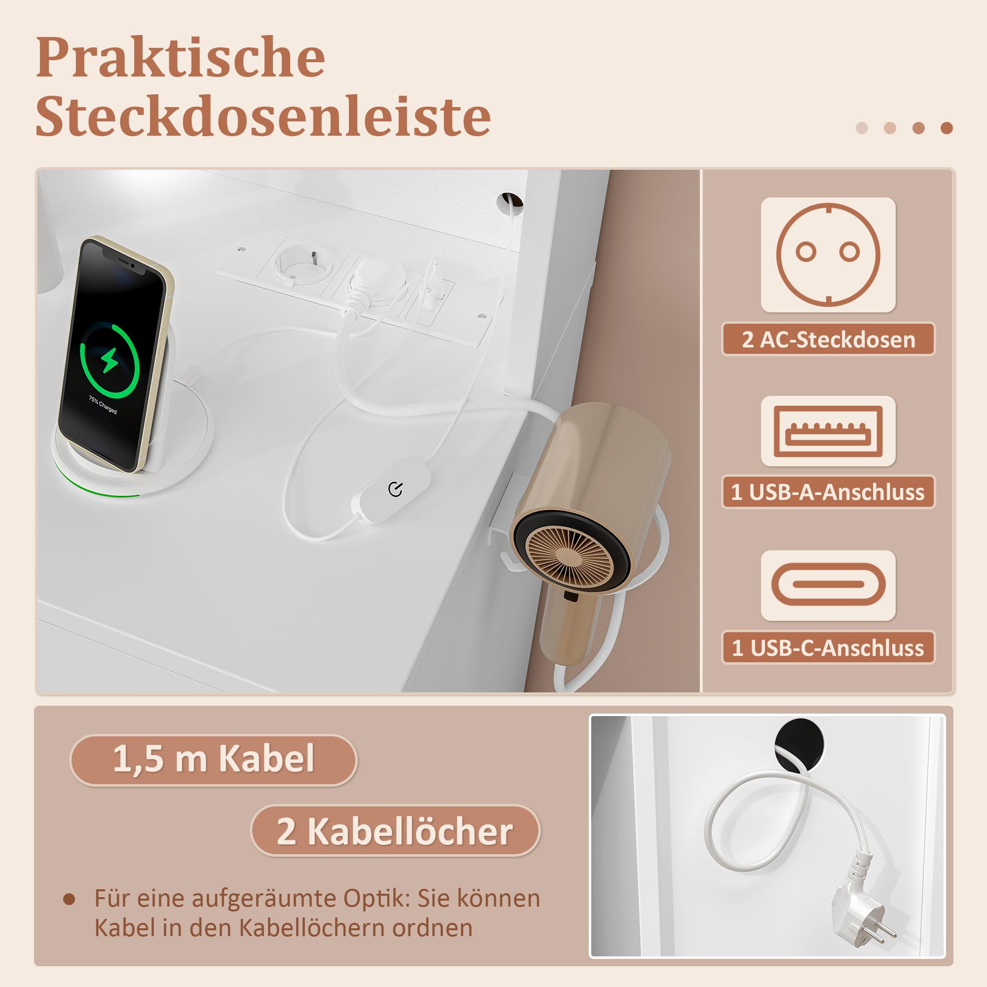 Große Schminktisch mit Verstellbaren LED-Beleuchtung, 2 Steckdosen und 2 USB-Anschluss Schminktisch mit Spiegel, 7 Schubladen mit Metallführungen, 7 Schmuckhaken und 1 Föhnhalter, Weiß